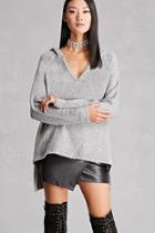 Forever21 Women's  Grey Woven Heart Hooded Sweater