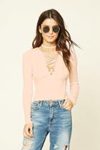 Forever21 Women's  Pink Lace-up Ribbed Top