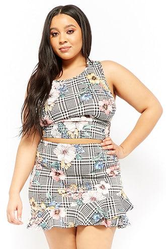 Forever21 Plus Size Houndstooth Floral Top & Skirt Set