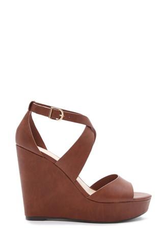 Forever21 Women's  Brown Faux Leather Wedge Sandals