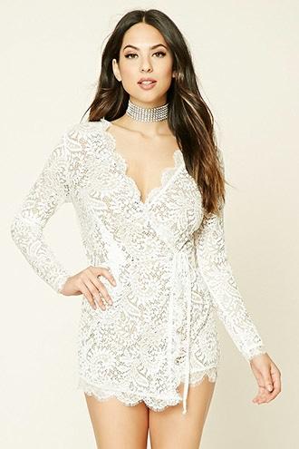 Forever21 Women's  Ivory & Nude Lace Wrap-front Romper