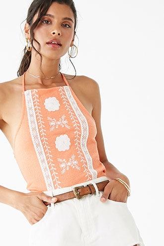 Forever21 Floral-embroidered Halter Top