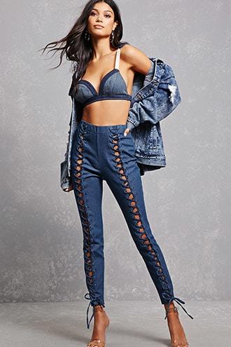 Forever21 Lace-front Denim Pants