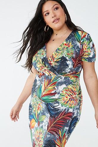 Forever21 Plus Size Leaf Print Surplice Dress