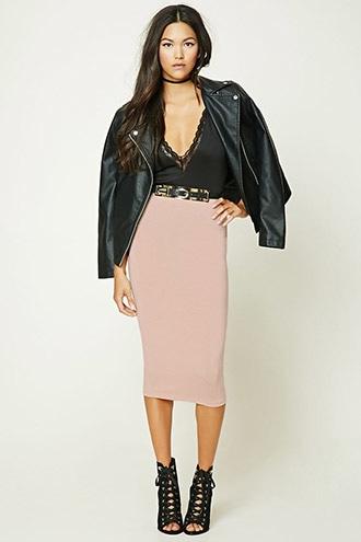 Forever21 Women's  Dusty Pink Midi Stretch-knit Skirt