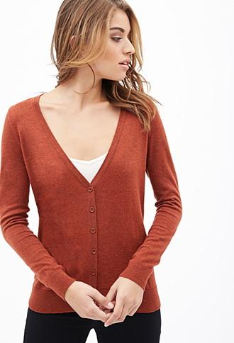 Forever21 Women's  Classic V-neck Cardigan (heather Chestnut)