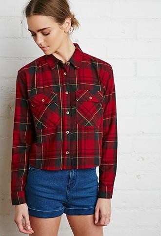 Forever21 Women's  Boxy Plaid Flannel Shirt (red/hunter Green)