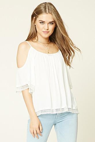 Forever21 Women's  White Open-shoulder Crochet Top