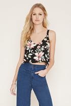 Forever21 Women's  Black & Peach Floral Print Lace-up Top