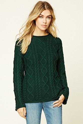 Forever21 Women's Hunter Green Cable Knit Sweater Top