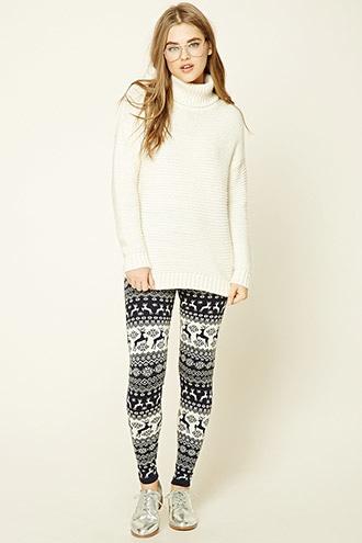 Forever21 Women's  Navy & Cream Fair Isle Reindeer Leggings