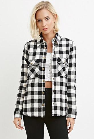 Forever21 Women's  Cream & Black Faux Shearling Plaid Jacket