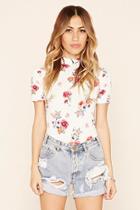 Forever21 Women's  Cream & Pink Floral Mock-neck Bodysuit