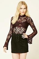 Forever21 Women's  Coffee Floral Lace Bell-sleeve Top