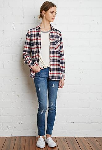 Forever21 Women's  Tartan Plaid Flannel Shirt (cream/navy)