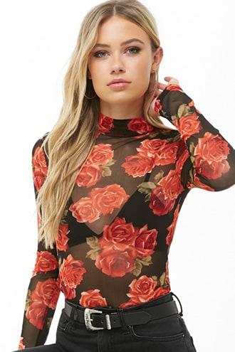 Forever21 Sheer Rose Print Top