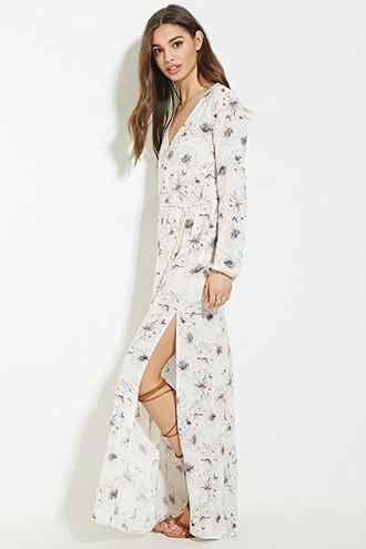 Forever21 Women's  Cream & Pink High-slit Floral Maxi Dress