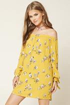 Forever21 Women's  Mustard & Black Floral Off-the-shoulder Dress