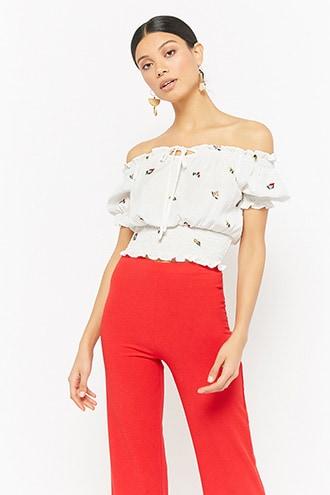Forever21 Floral Smocked Off-the-shoulder Crop Top