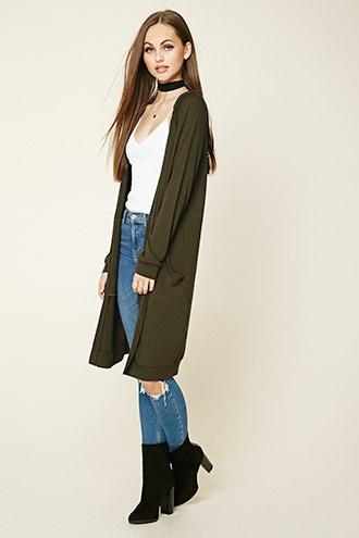 Forever21 Women's  Olive Longline Hooded Cardigan
