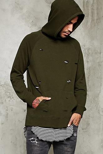 21 Men Men's  Olive Distressed Surplice Hoodie