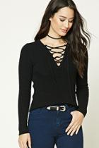 Forever21 Women's  Black Ribbed Knit Lace-up Sweater
