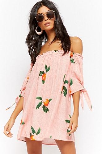 Forever21 Off-the-shoulder Peach Print Dress