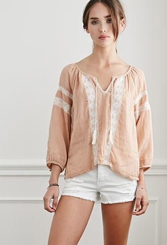 Forever21 Embroidered Split Neck Peasant Blouse