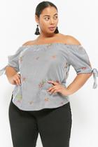 Forever21 Plus Size Pinstriped Floral Embroidered Top