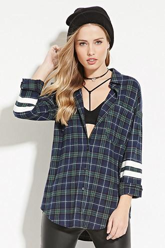 Forever21 Women's  Varsity-striped Plaid Flannel Shirt