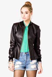Faux Leather Flared Waist Jacket