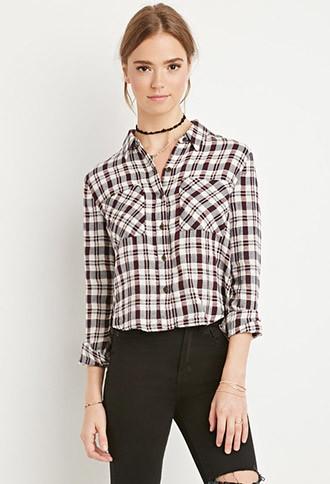 Forever21 Women's  Boxy Plaid Shirt (cream/burgundy)