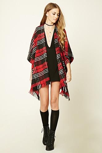 Forever21 Women's  Red & Black Tartan Plaid Poncho