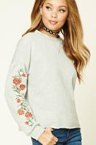Forever21 Women's  Heather Grey & Red Floral Embroidered Sweatshirt