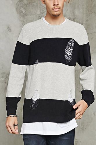 Forever21 Distressed Stripe Crew Neck Sweater