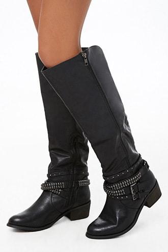 Forever21 Studded-strap Faux Leather Knee-high Boots