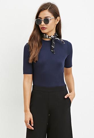 Forever21 Women's  Ribbed Mock Neck Top (navy)