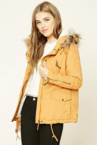 Forever21 Women's  Mustard Faux Fur-trimmed Jacket