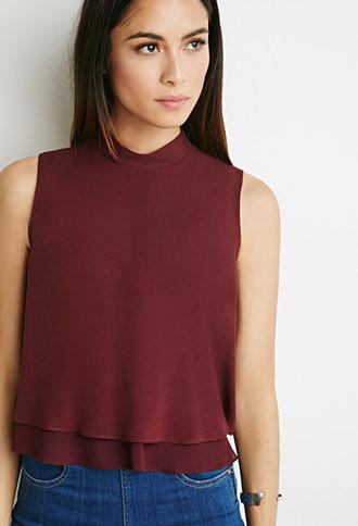 Love21 Women's  Layered Crepe Mock Neck Top (burgundy)