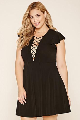 Forever21 Plus Women's  Black Plus Size Lace-up Skater Dress