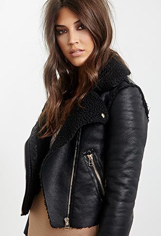 Forever21 Faux Shearling Moto Jacket Black/black Small