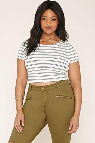 Forever21 Plus Women's  Cream & Black Plus Size Striped Crop Top