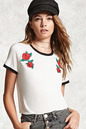 Forever21 Rose Embroidered Ringer Tee