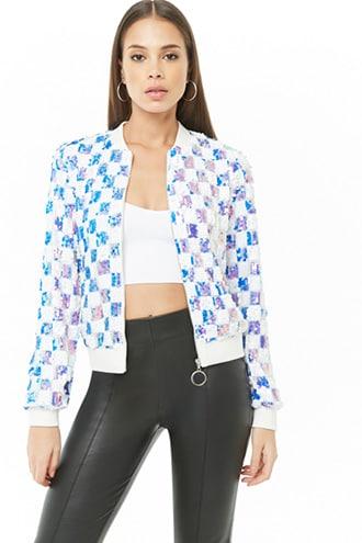 Forever21 Checkered Sequin Bomber Jacket