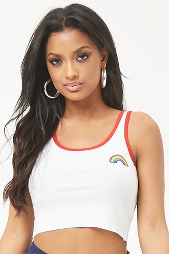 Forever21 Ribbed Rainbow-embroidered Cropped Tank Top