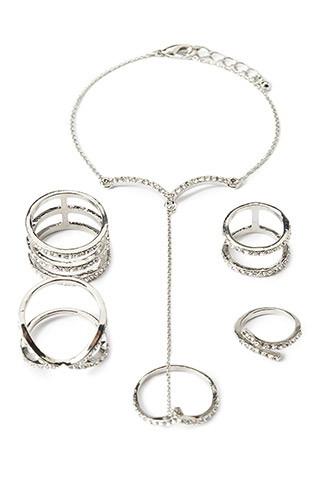 Forever21 Rhinestoned Hand Chain Set (silver/clear)