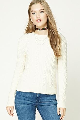 Forever21 Women's  Cream Open-elbow Fisherman Sweater