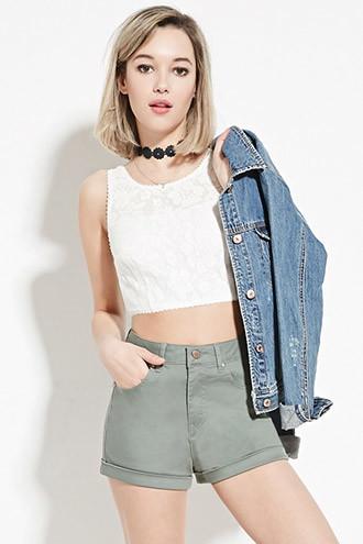 Forever21 Women's  Olive High-waisted Denim Shorts