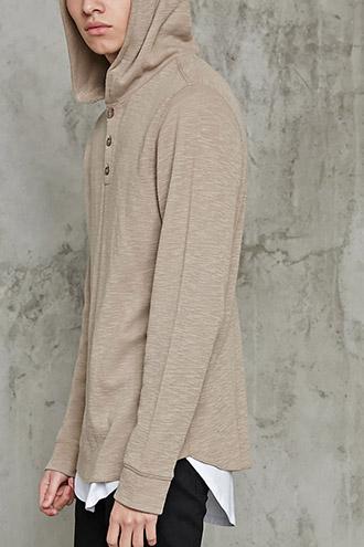 21 Men Men's  Taupe Hooded Slub Knit Henley