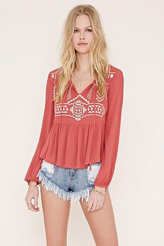 Forever21 Women's  Embroidered Crinkled Crepe Top